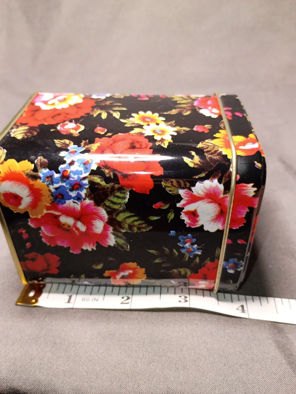 Floral Pattern Metal Storage Tin - Black with Red & Multicolor Flowers